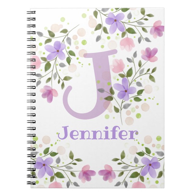 Första Initial Plus Namn Jennifer med blommor Anteckningsbok (Framsidan)