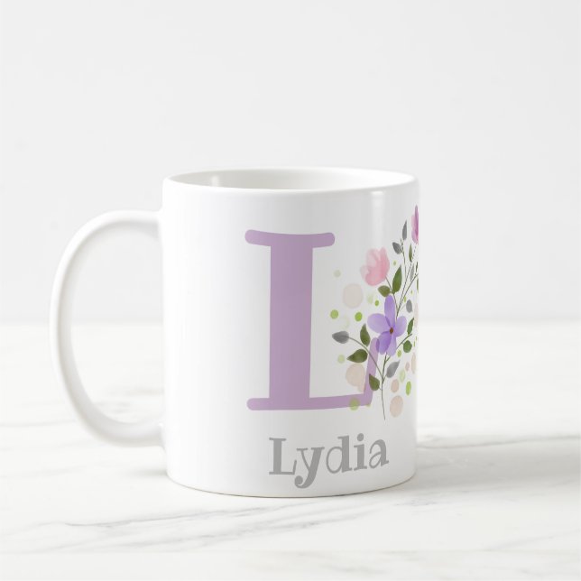 Första initialen plus förnamn med blommor kaffemugg (Vänster)