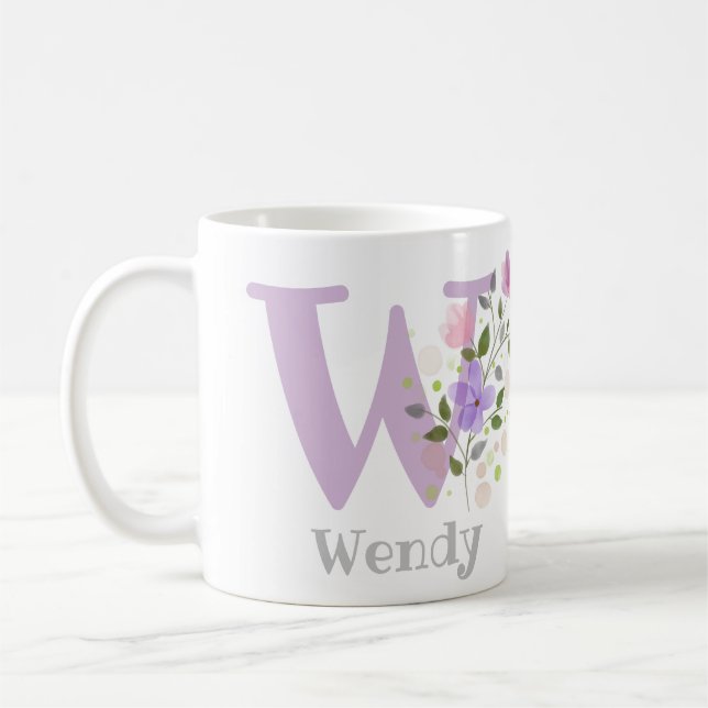 Första initialen plus förnamn med blommor kaffemugg (Vänster)