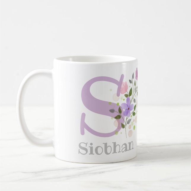 Första initialen plus förnamn med blommor kaffemugg (Vänster)