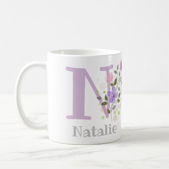 Första initialen plus förnamn med blommor kaffemugg (Vänster)