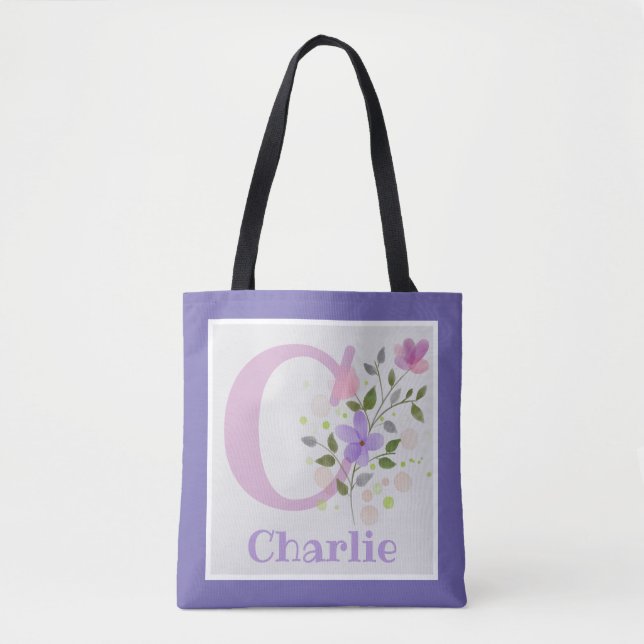 Första initialen plus namn Charlie med blommor Tygkasse (Framsida)