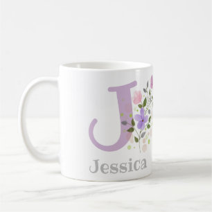 Första initialen plus namn Jessica med blommor Kaffemugg