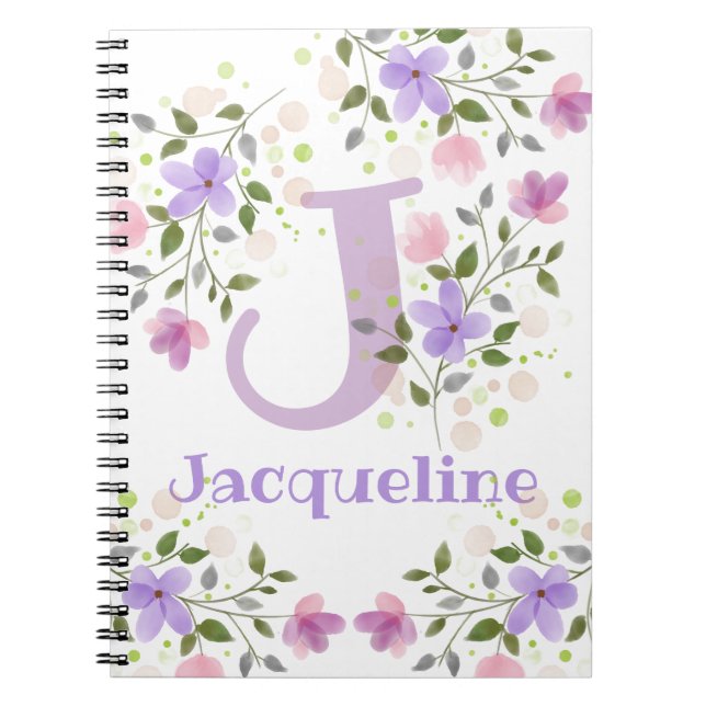 Första initialen plus namnet Jacqueline med blommo Anteckningsbok (Framsidan)
