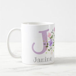 Första initialen plus namnet Janine med blommor Kaffemugg