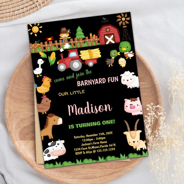 Första jordbrukaren Barnyard-födelsedagsinbjudning Inbjudningar (1st Farm Barnyard birthday invitations)