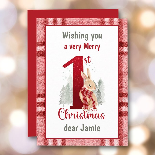 Första jul Baby Cute Bunny Play Julkort (First Christmas Baby Cute Bunny Plaid Holiday Card)