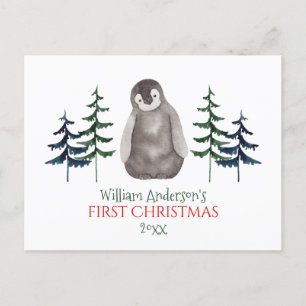 Första jul Baby Penguin & Träd Personlig   Helg Vykort