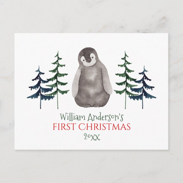 Första jul Baby Penguin & Träd Personlig Helg Vykort (Framsida)