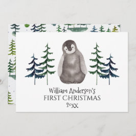 Första jul Baby Penguin & Träd Personlig Julkort