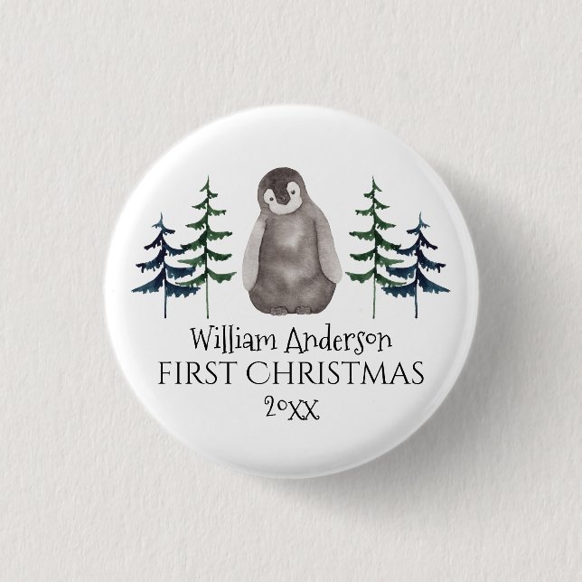 Första jul Baby Penguin & Träd Personlig Knapp (Framsida)