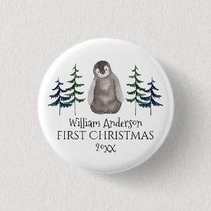Första jul Baby Penguin & Träd Personlig Knapp