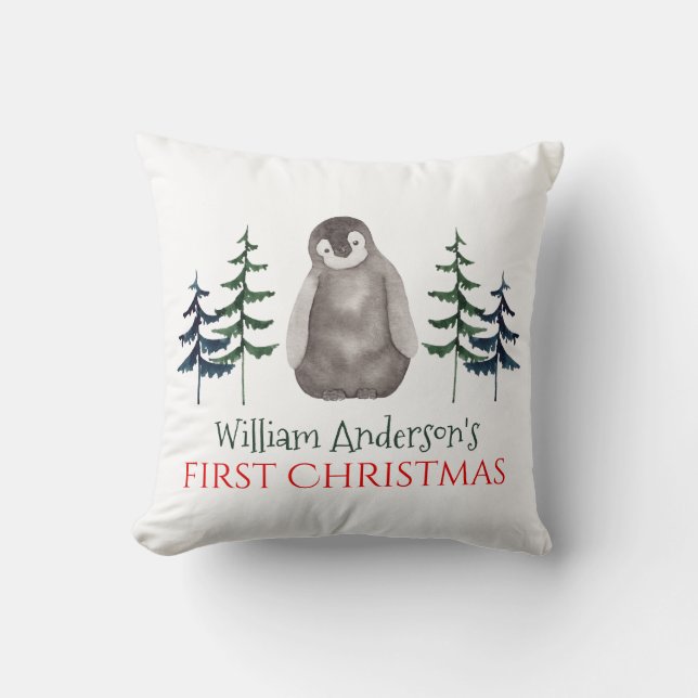 Första jul Baby Penguin & Träd Personlig  Kudde (Framsida)