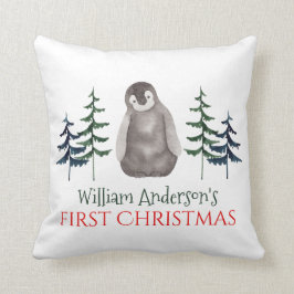Första jul Baby Penguin & Träd Personlig Kudde