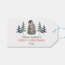 Första jul Baby Penguin & Träd Personlig Presentetikett