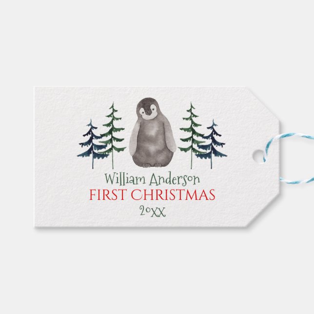 Första jul Baby Penguin & Träd Personlig Presentetikett (Framsidan (Horisontell))
