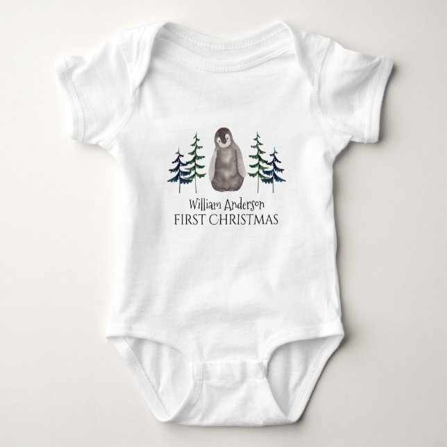 Första jul Baby Penguin & Träd Personlig T Shirt (Framsida)
