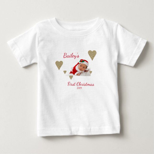 Första jul Baby Photo Guld Heart T Shirt (Framsida)
