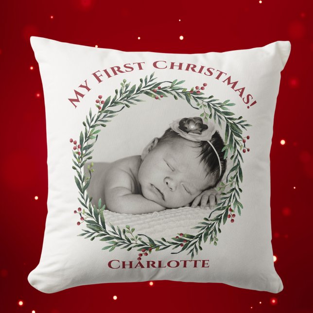 Första jul, Baby Photo, Namn Kudde (First Christmas, Baby Photo, Name Throw Pillow)