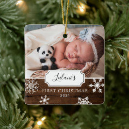 Första jul Baby Photo Snö Wood Julgransprydnad Keramik
