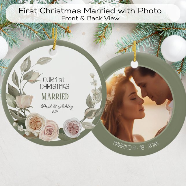 Första jul-Blommigten: Gift fotodatum Julgransprydnad Keramik (Skapare uppladdad)