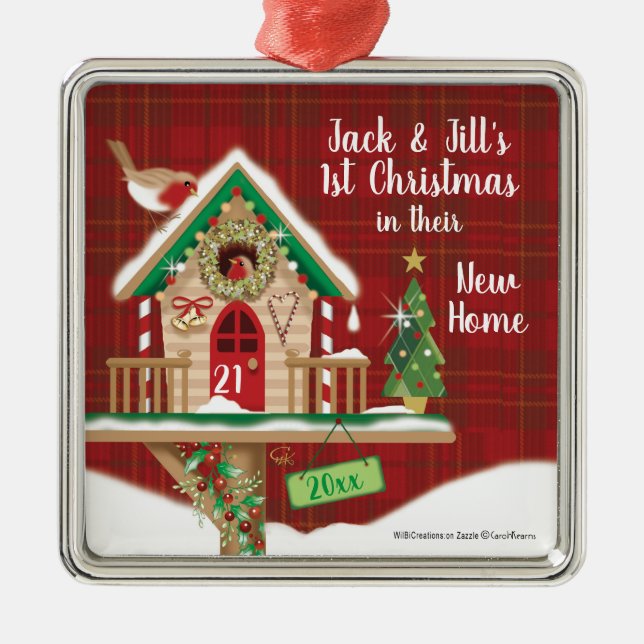 Första jul, deras nya hem, fågelhus julgransprydnad metall (Framsidan)