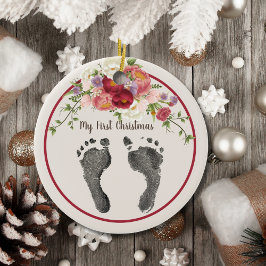 Första jul Din Baby Fotot Skriv ut röd Blommigt Julgransprydnad Keramik