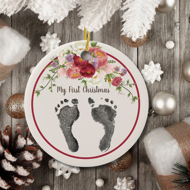 Första jul Din Baby Fotot Skriv ut röd Blommigt Julgransprydnad Keramik (Skapare uppladdad)