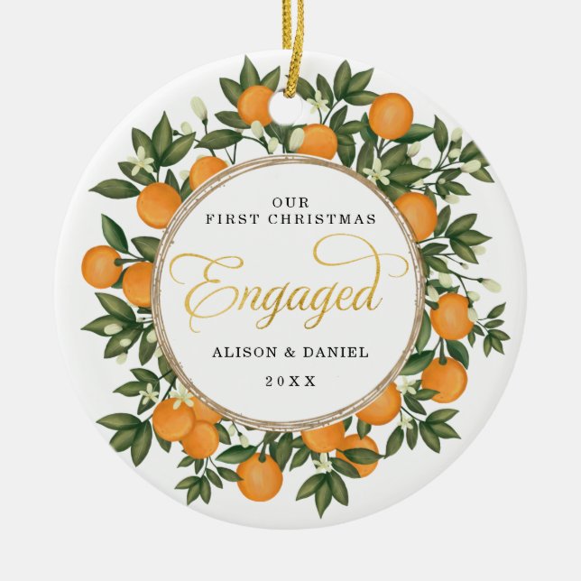 Första jul Engagerade Bröllop Citrus Greenery Julgransprydnad Keramik (Framsidan)