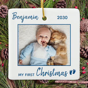 Första jul - enkelt minimalistiskt blåfoto med Bab Julgransprydnad Keramik