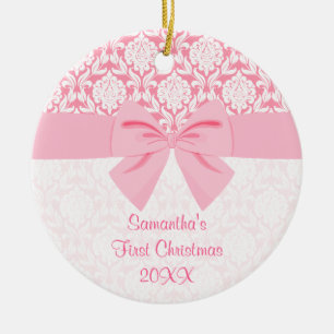 Första jul för flickaktigt elegant rosa damastas julgransprydnad keramik