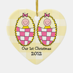 Första jul för gula flickor för Gingham tvillin Julgransprydnad Keramik