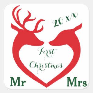 Första jul Gift Mr. och Mrs. Heart Hjort Fyrkantigt Klistermärke