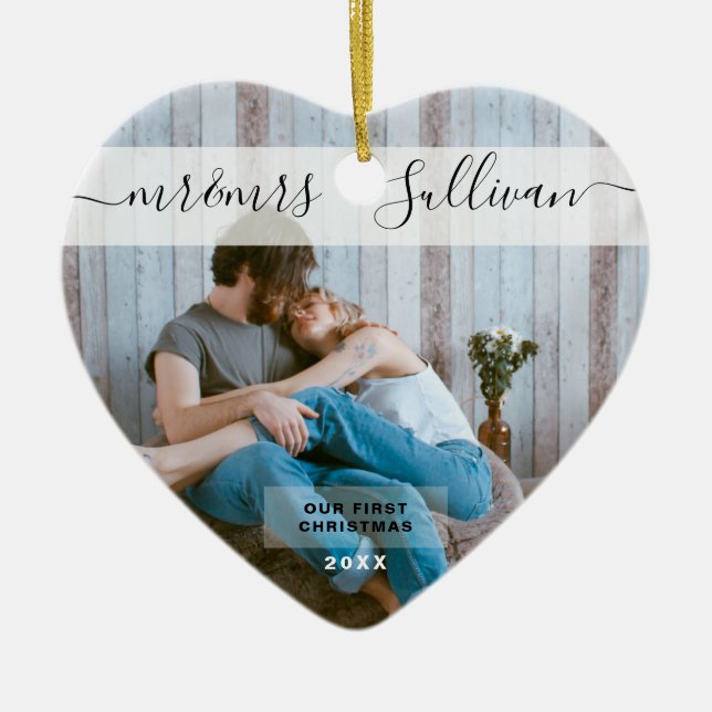 Första jul Gift som Mr. & Mrs PHOTO Heart Julgransprydnad Keramik (Framsidan)