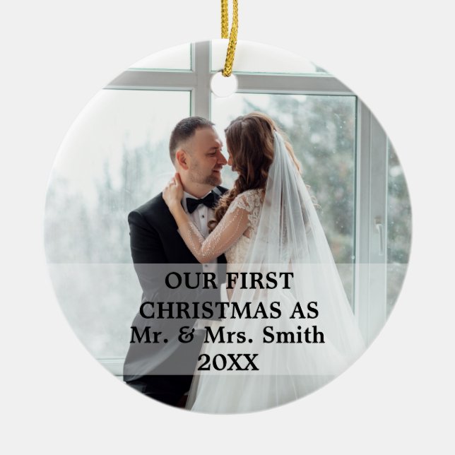Första jul Gift som Mr. & Mrs PHOTO Julgransprydnad Keramik (Framsidan)