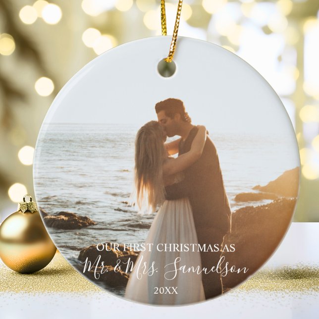 Första jul Gift som Mr. & Mrs PHOTO Julgransprydnad Keramik (First Christmas Married as Mr. & Mrs. PHOTO Ceramic Ornament)
