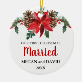 Första jul, gifta, röda vinterblommor julgransprydnad keramik