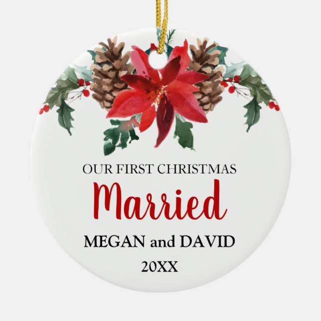 Första jul, gifta, röda vinterblommor julgransprydnad keramik (Framsidan)