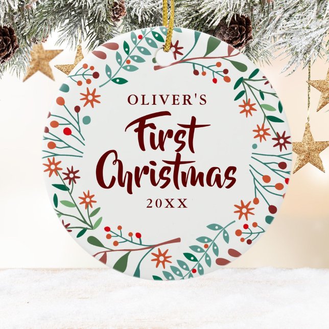 Första jul-Helgdag, Blommigt Baby Photo Julgransprydnad Keramik (Skapare uppladdad)