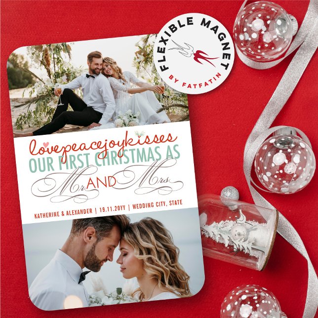 Första jul Herr & Fru Semestra Foto magnet (Love Peace Joy Kisses Our First Christmas As Mr And Mrs 3 Photo Holiday Wedding Flexible Magnet)