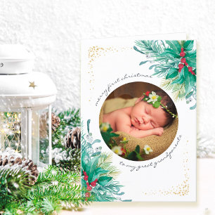 Första jul Holly och Mistletoe Baby Photo Hol Helgkort