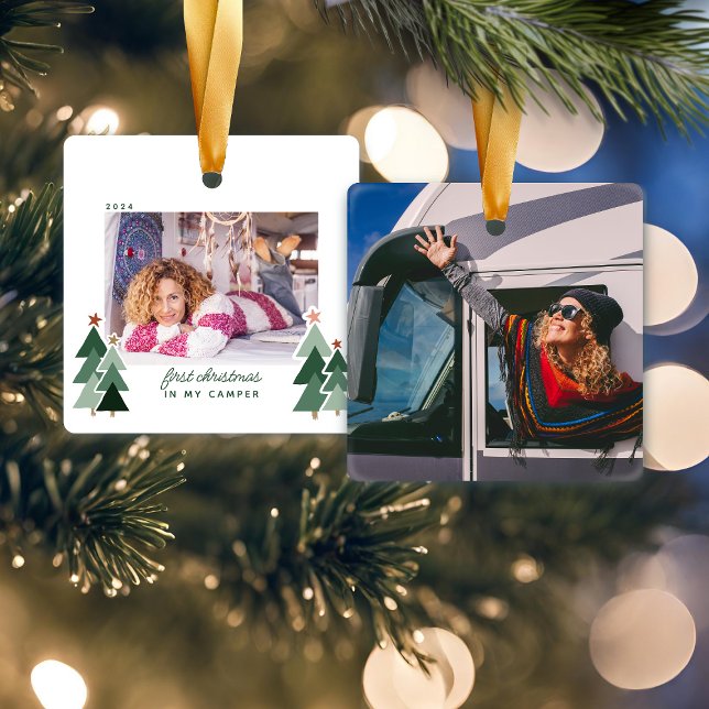 Första jul i Camper RV Rustic Träd Photo Julgransprydnad Keramik (First Christmas In Camper RV Rustic Trees Photo Ceramic Ornament)