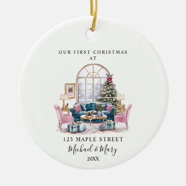 Första jul i nya hem med Adress och Namn Julgransprydnad Keramik (Framsidan)