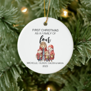 Första jul igelkott familj på fyra julgransprydnad keramik