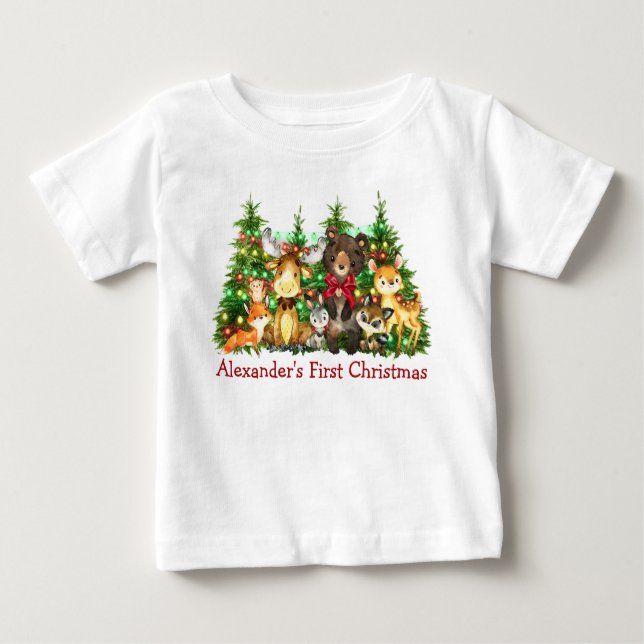 Första jul - Ljus Woodland Forest Animals Bow T Shirt (Framsida)