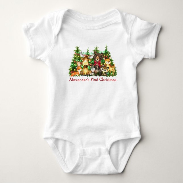 Första jul - Ljus Woodland Forest Animals Bow T Shirt (Framsida)