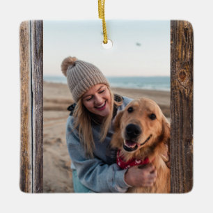 Första jul med Hund Photo Rustic Brown Wood Julgransprydnad Keramik