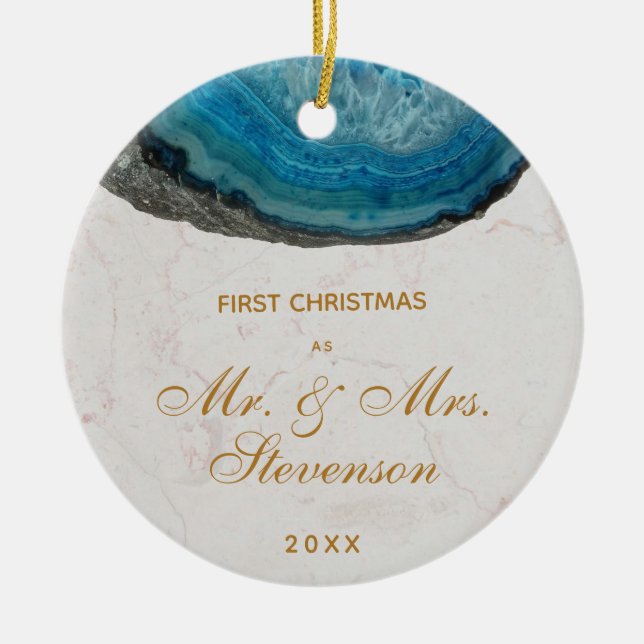 Första jul: Mr & Mrs Blue Geode Golden Script Julgransprydnad Keramik (Framsidan)