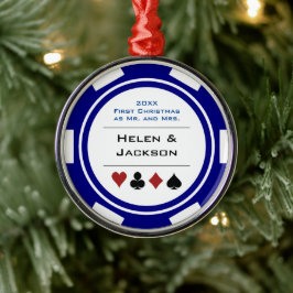 Första jul Mr & Mrs Blue White Poker Chip Julgransprydnad Metall