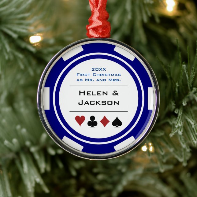 Första jul Mr & Mrs Blue White Poker Chip Julgransprydnad Metall (Träd)